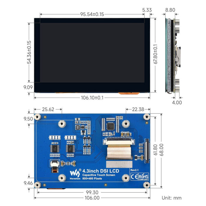 4.3inch DSI QLED Capacitive Touch Display for Raspberry Pi (800x480) - Image 8